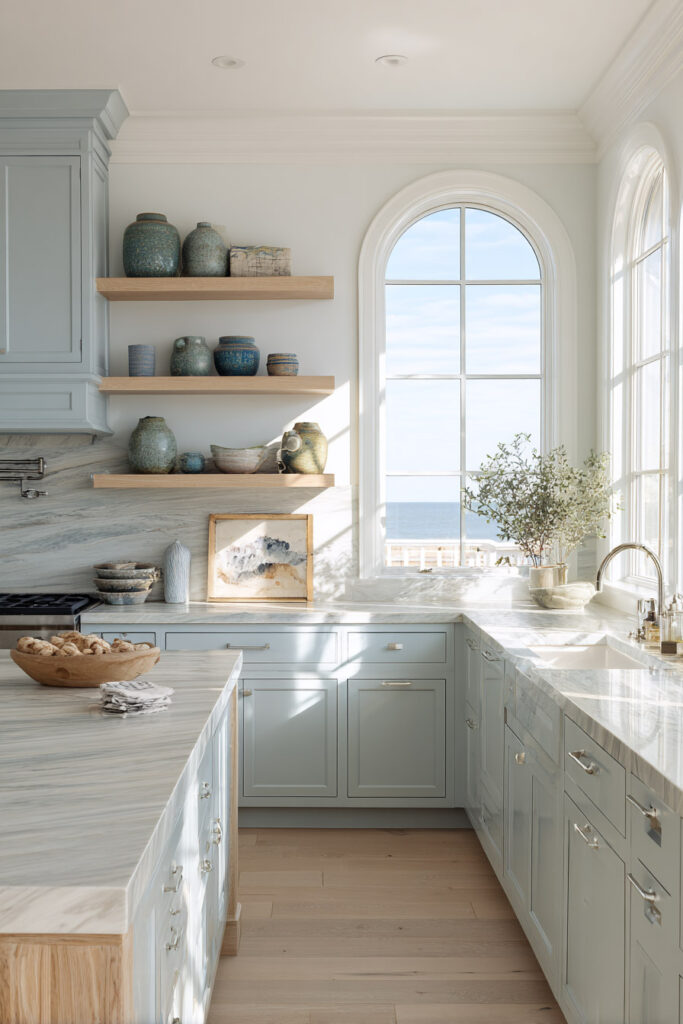 Coastal kitchen with light blue cabinets, marble countertops, open wood shelves, and ocean view through arched windows.