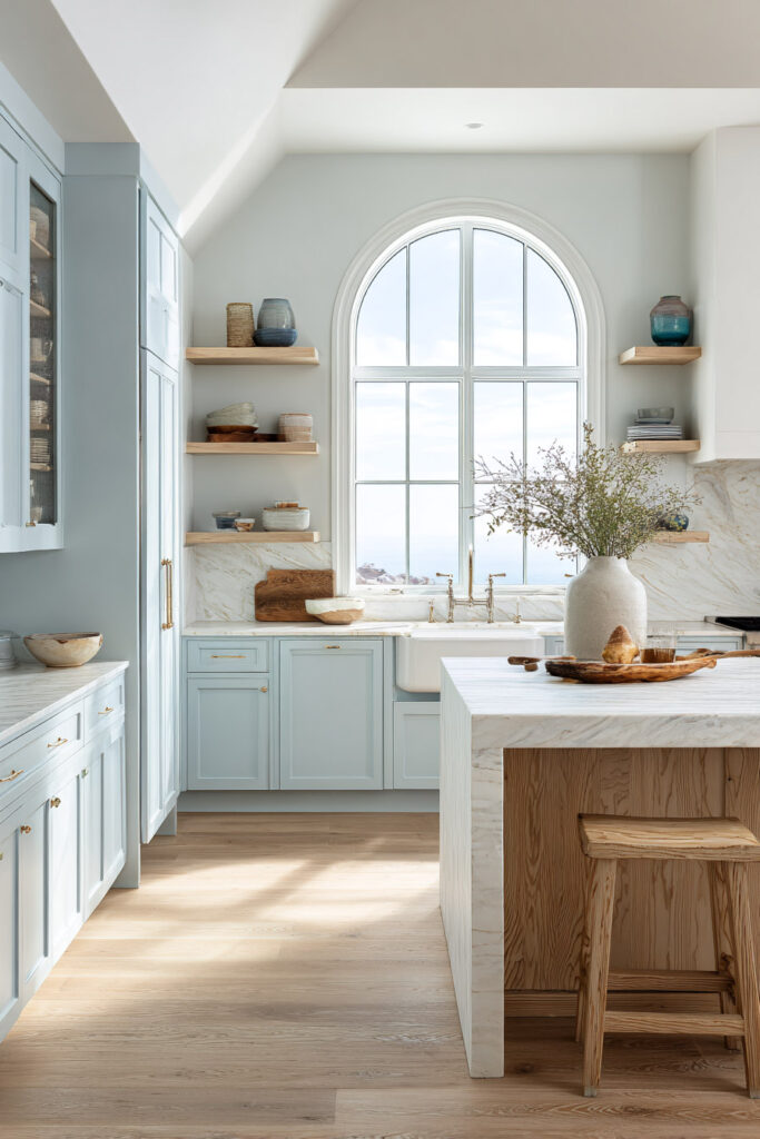 Coastal kitchen with powder blue cabinets, marble countertops, wood accents, and large arched window in soft natural light.