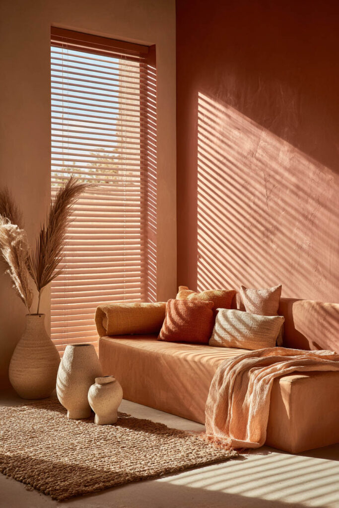 Warm desert living room with terracotta walls, built-in sofa, pampas grass, woven vases, jute rug, and sunlight streaming through blinds.
