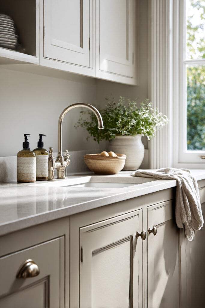 Warm neutral kitchen sink area with cream cabinets, polished faucet, stone countertops, ceramic bowl, greenery, and soft natural light.