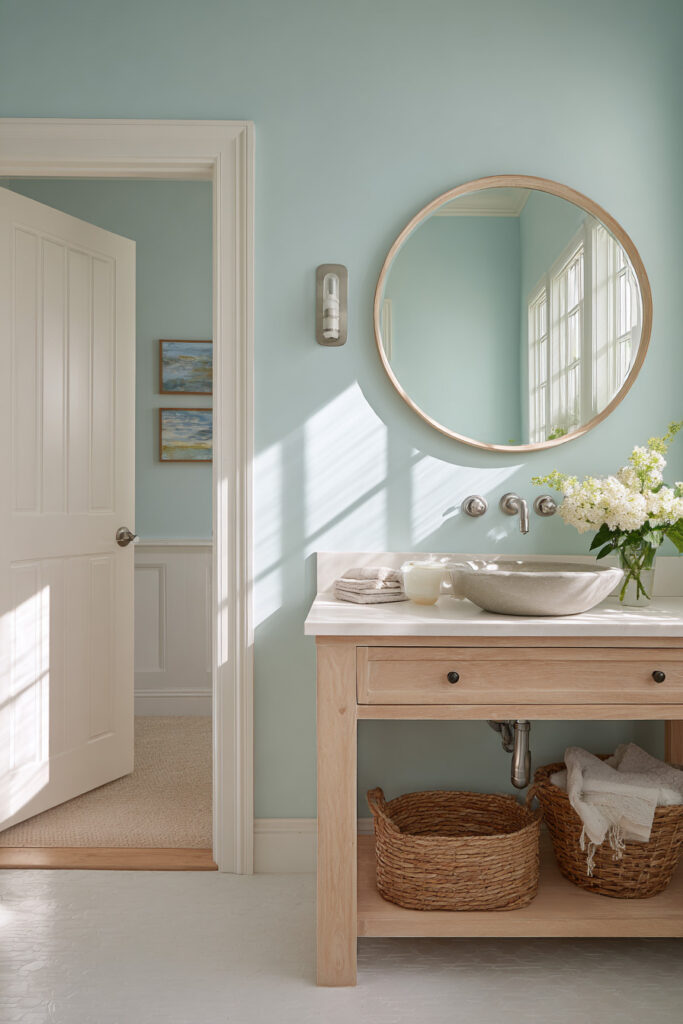 Coastal bathroom with light blue walls, wood vanity, round mirror, and woven baskets in natural sunlight.