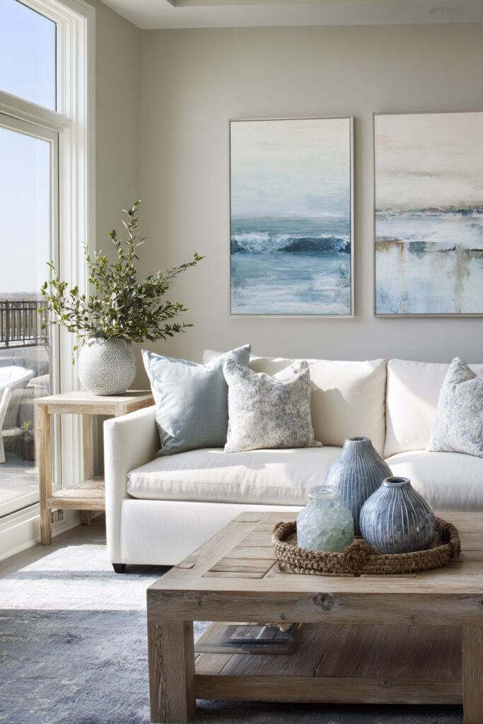 Coastal living room with ocean artwork, blue pillows, ceramic vases, and natural wood furniture in a light neutral color palette.