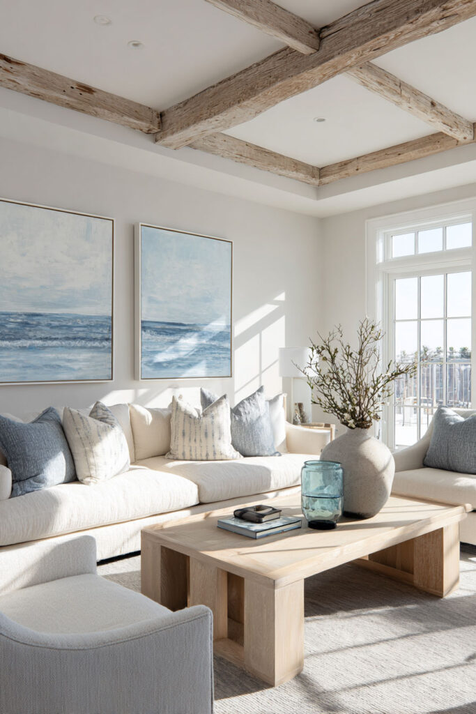 Coastal living room with light blue accents, ocean artwork, neutral sofa, and weathered wood beams in natural sunlight.