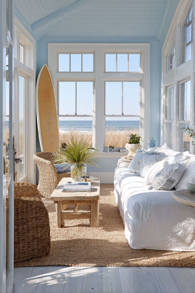 Airy coastal sunroom with light blue walls, rattan chairs, white sofa, natural fiber rug, and ocean view through large windows.