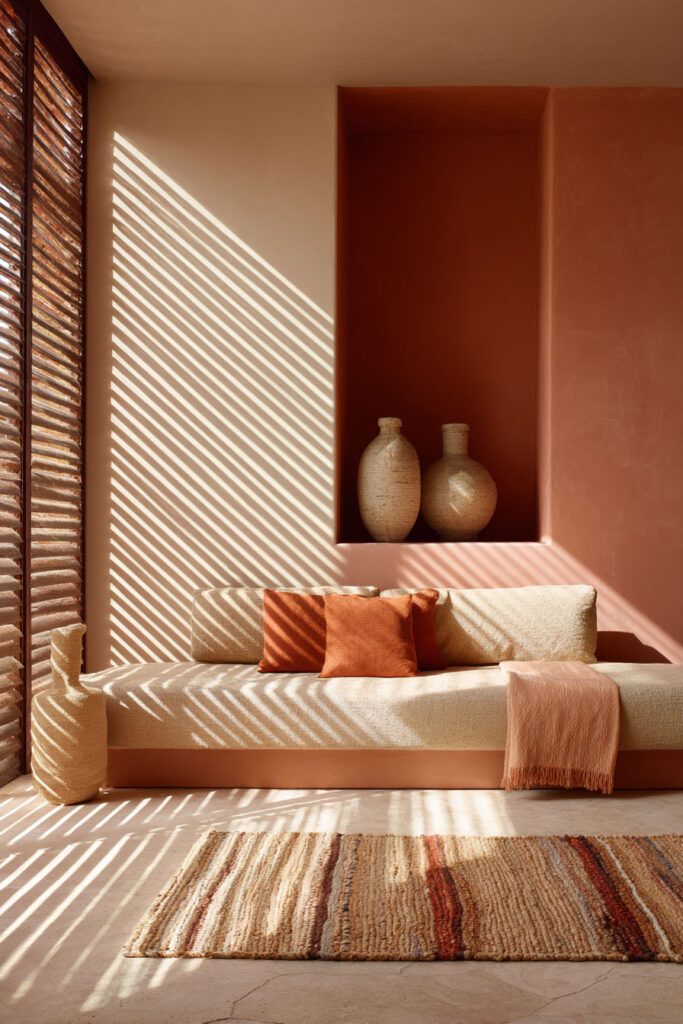 Warm desert living room with beige sofa, terracotta pillows, clay vases, woven rug, and striped sunlight through wooden shutters.