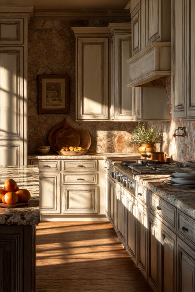 Warm neutral kitchen with distressed cabinets, warm stone countertops, textured backsplash, rustic decor, wooden bowls, and natural sunlight.