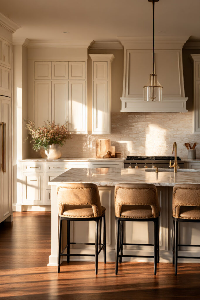 Warm neutral kitchen with creamy cabinets, marble island, brick backsplash, brass fixtures, and upholstered counter stools.