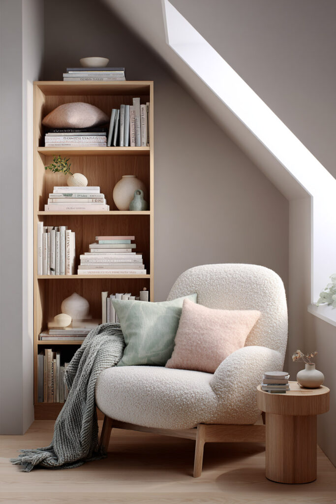 Cozy reading corner with boucle chair, pastel cushions, oak bookshelf, and skylight showcasing a soft neutral color palette with blush and sage tones.