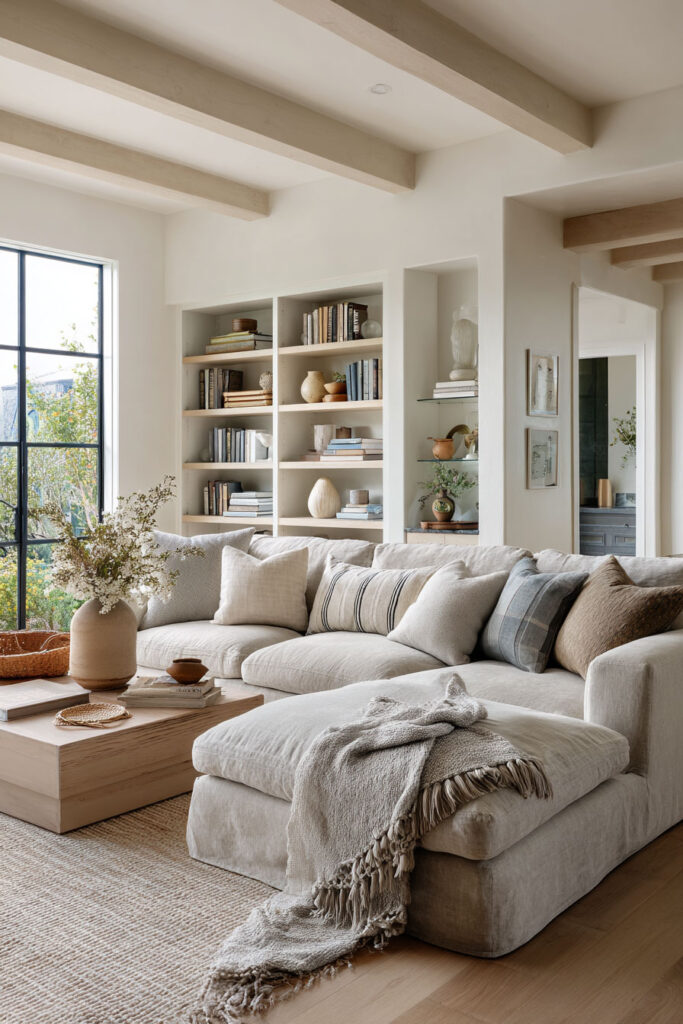 Neutral living room decor with beige sectional sofa, textured pillows, built-in shelving, and layered earthy tones for a cozy, cohesive color palette.