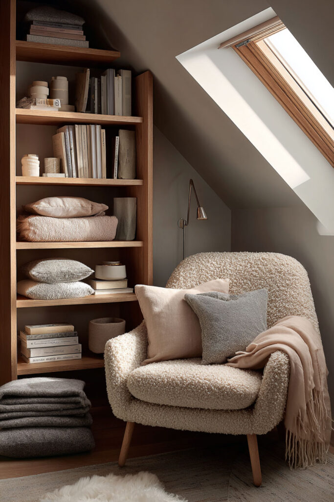 Cozy reading nook with boucle accent chair, blush throw, wooden bookshelf, and skylight, styled in warm neutral tones of beige, taupe, and gray.