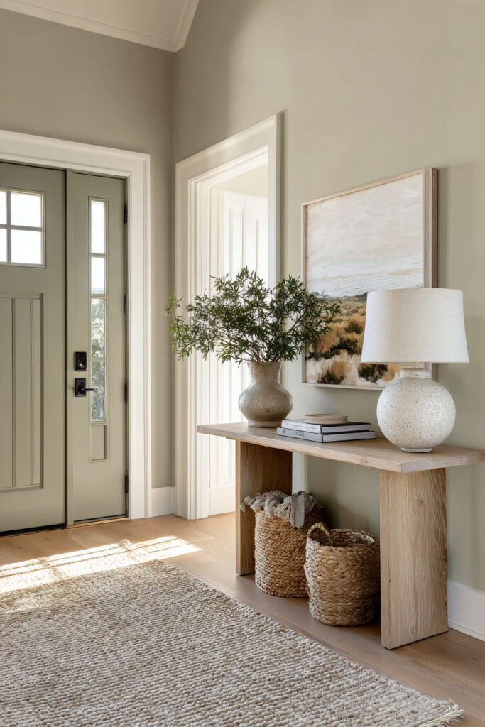 Sage green entryway with a natural wood console table, textured rug, woven baskets, and neutral ceramic decor creating a warm and welcoming space.