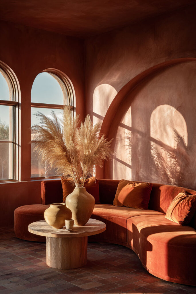Warm desert living room with arched windows, terracotta plaster walls, rust velvet curved sofa, pampas grass arrangement, and natural sunlight.
