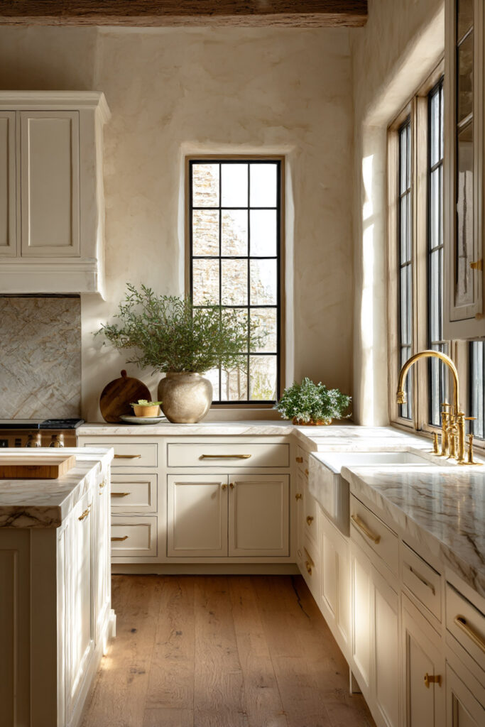 Warm neutral kitchen with cream cabinets, brass hardware, marble countertops, black-framed windows, farmhouse sink, and natural sunlight.