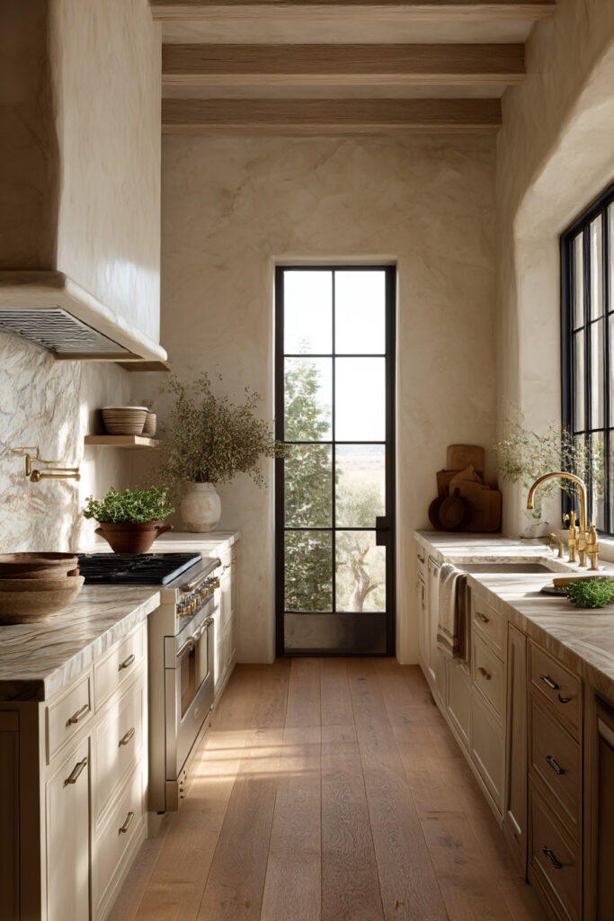 Warm neutral kitchen with plaster walls, marble countertops, brass fixtures, wood cabinetry, and a steel-framed glass door.