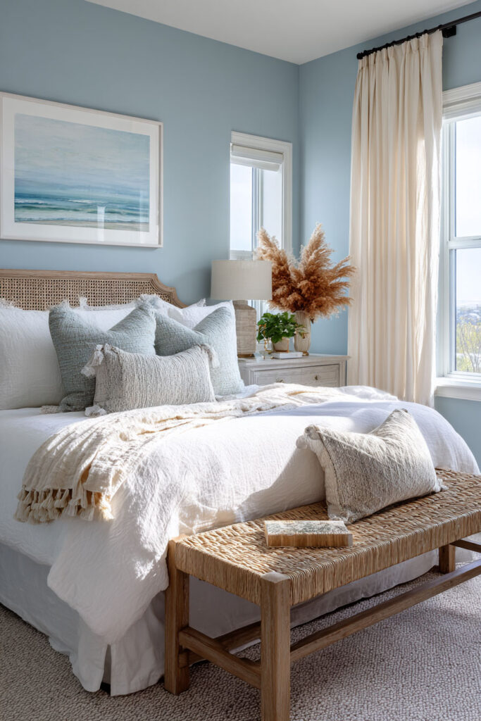 Coastal bedroom with blue walls, rattan headboard, linen bedding, woven bench, and pampas grass in a soft beach-inspired color palette.