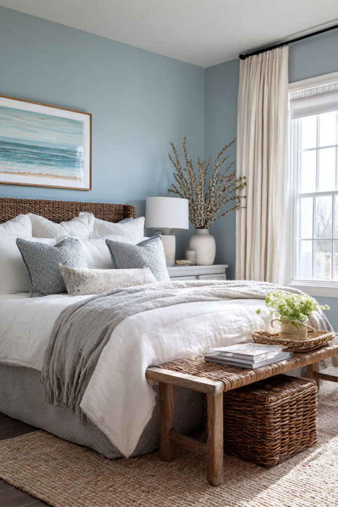 Coastal bedroom with soft blue walls, white bedding, woven textures, and ocean-inspired artwork for a relaxed beachy look.