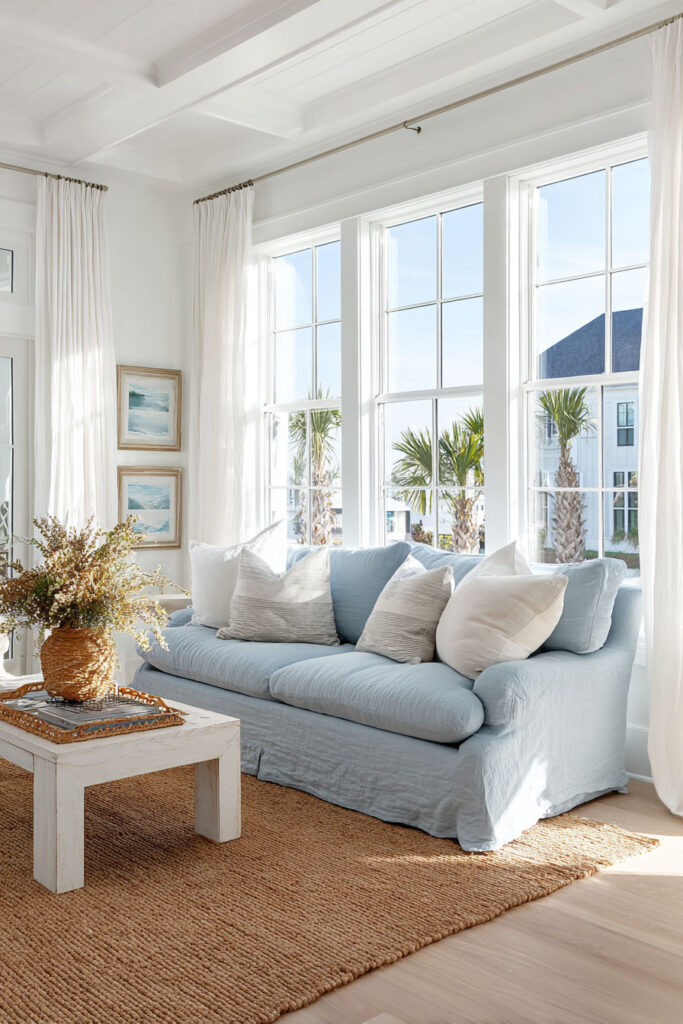 Coastal living room with light blue sofa, jute rug, white curtains, and natural woven accents in bright sunlight.