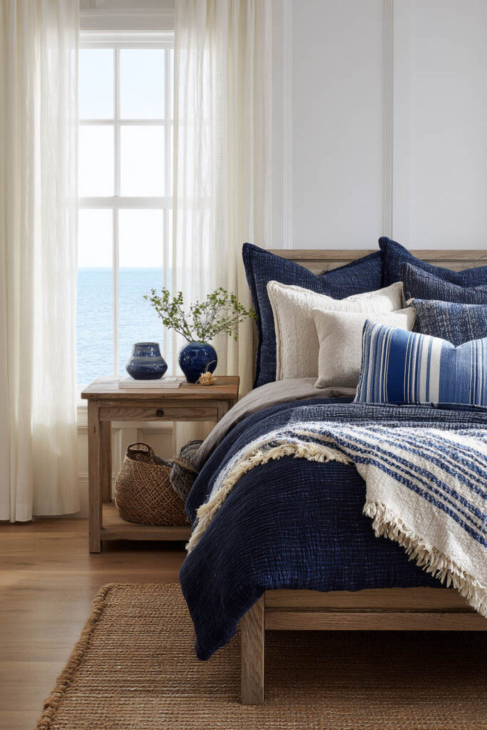 Navy and cream coastal bedroom with striped bedding, woven rug, light wood furniture, and ocean view through large window.