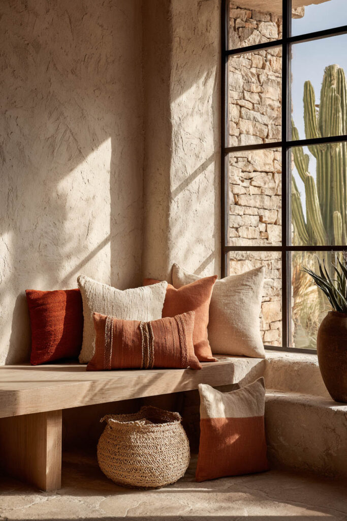 Warm desert-inspired seating nook with textured plaster walls, rustic wood bench, terracotta pillows, woven basket, and cactus view.