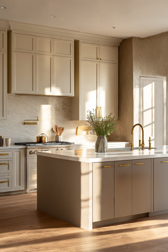 Warm neutral kitchen with creamy cabinets, beige island, brass hardware, marble-look countertops, textured backsplash, and natural sunlight.