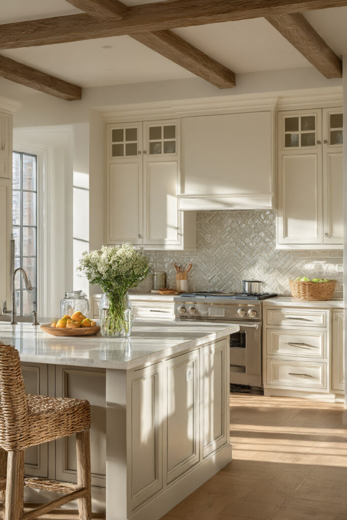 Warm neutral kitchen with creamy cabinets, marble island, woven counter stools, wood ceiling beams, and textured herringbone backsplash.