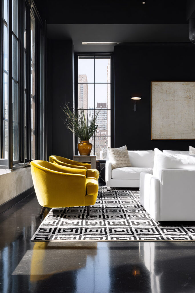 Modern living room with black walls, white sofas, yellow chairs, and geometric rug in a bold black-and-white color palette.