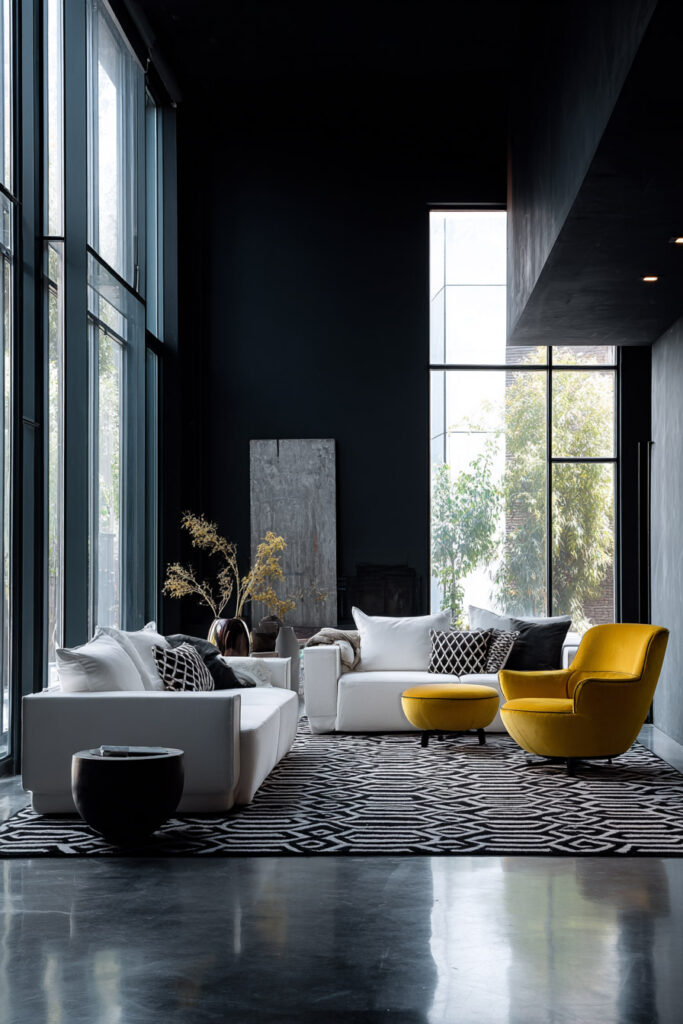 Modern black and white living room with dark walls, white sofas, geometric rug, and yellow accent chair.