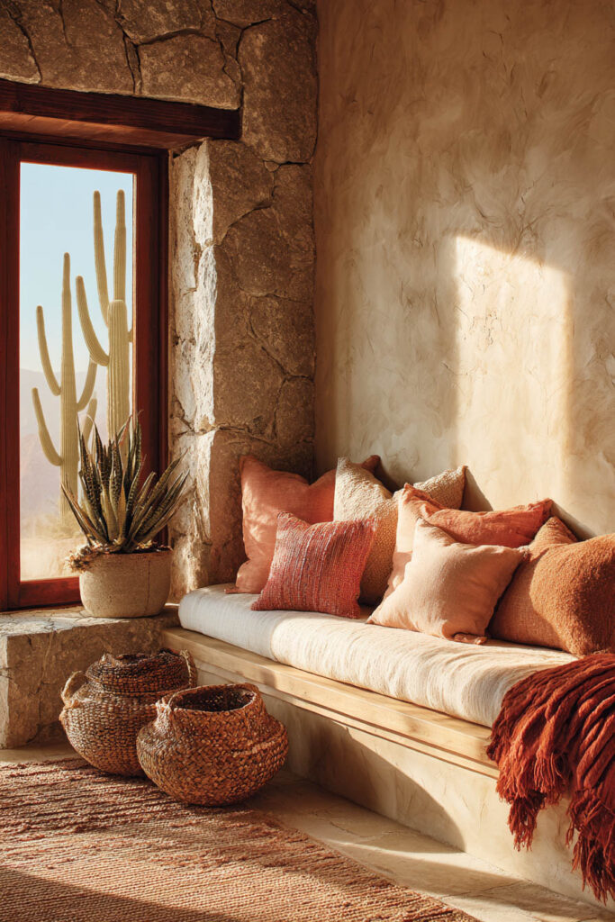 Warm desert window nook with stone frame, clay and rust pillows, woven baskets, cactus plant, and natural desert light.