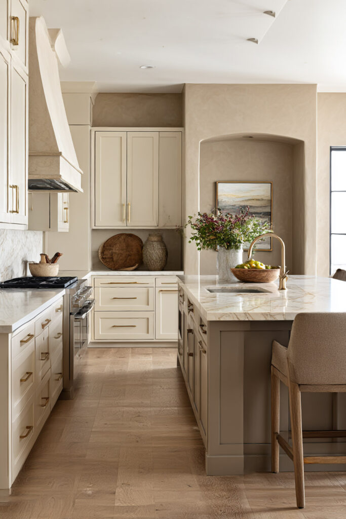 Warm neutral kitchen with cream and taupe cabinets, marble island, brass hardware, plaster hood, arched niche, wood accents, and natural light.