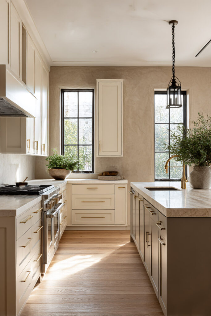 Warm neutral kitchen with creamy cabinets, taupe plaster walls, brass hardware, marble countertops, and black-framed windows.