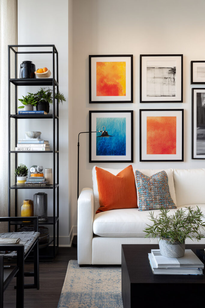 Modern black and white living room with colorful artwork, white sofa, orange pillow, and black shelving for a bold contrast look.