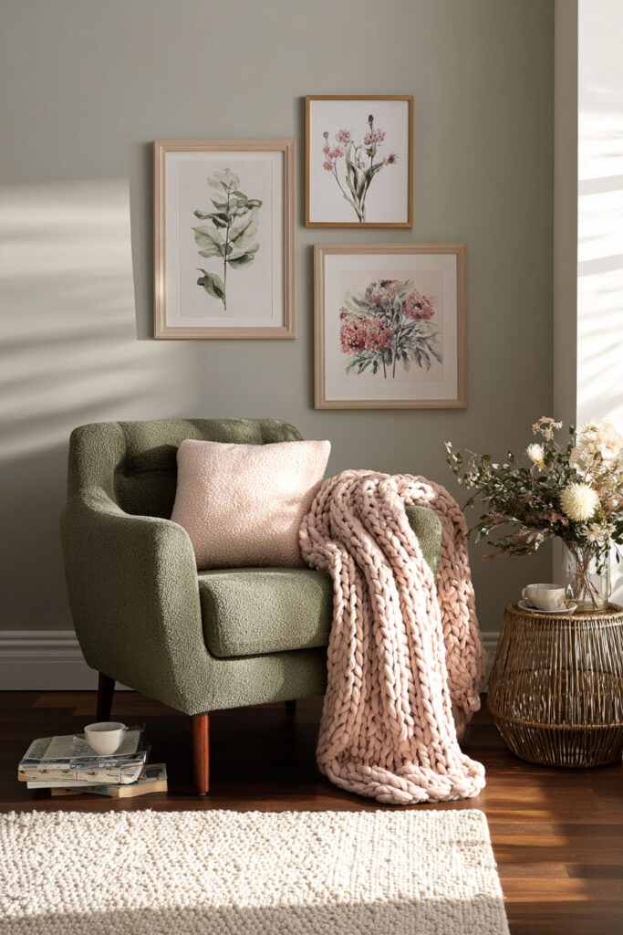 Cozy sage green reading corner with blush throw blanket, boucle chair, floral wall art, and soft natural sunlight.