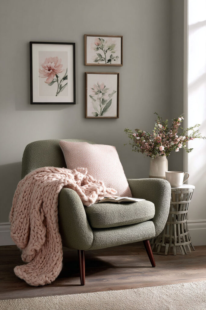 Sage green reading nook with boucle chair, blush throw, floral wall art, and soft natural lighting.