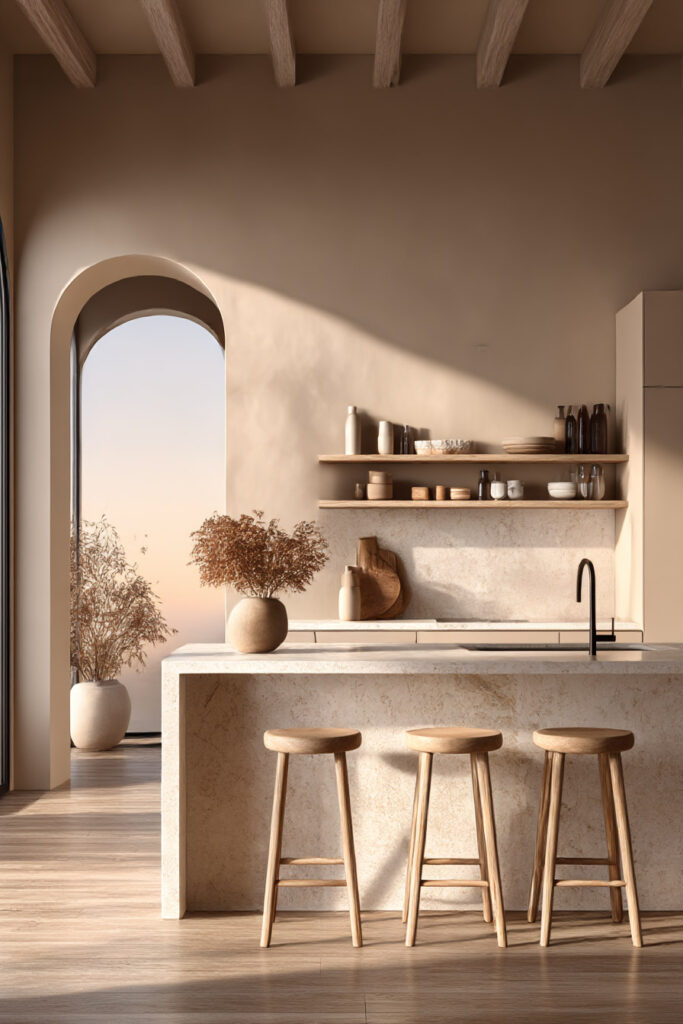 Warm neutral kitchen with sandy plaster walls, stone island, wood beams, open shelves, and natural wood stools.