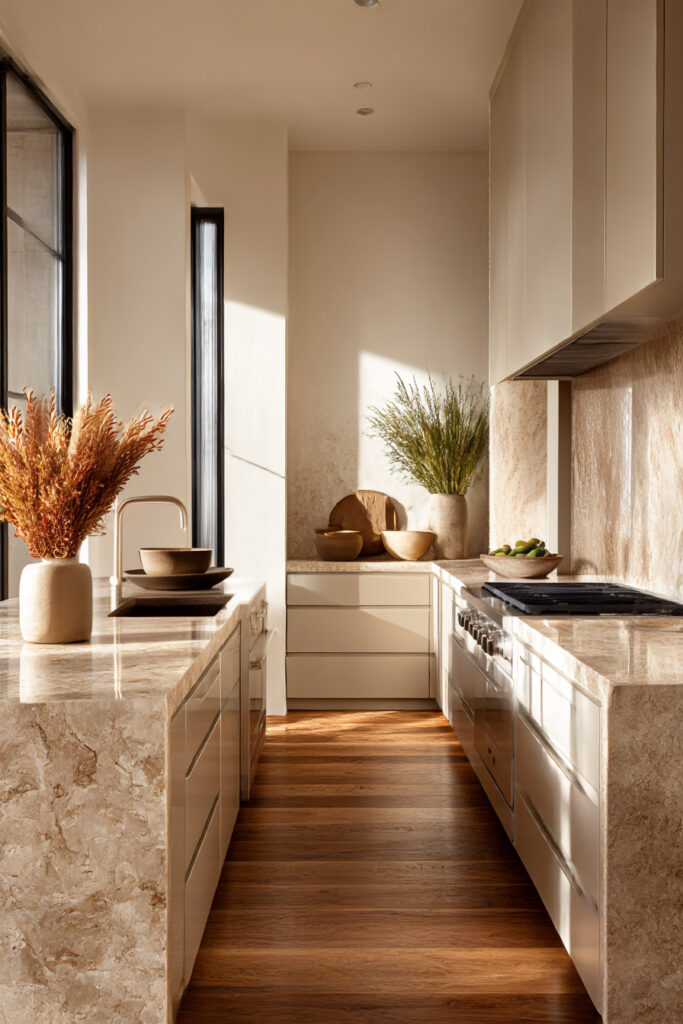 Warm neutral kitchen with creamy cabinets, stone waterfall island, tall windows, wooden bowls, dried stems, veined stone backsplash, and natural sunlight.