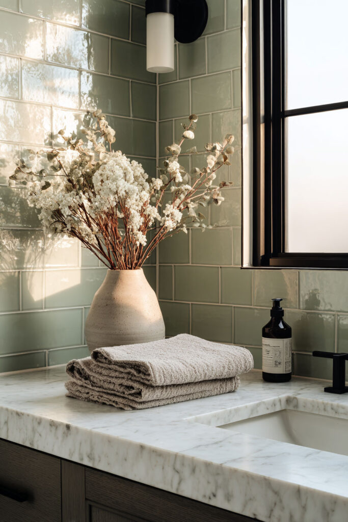 Sage green bathroom with marble countertop, ceramic vase with flowers, and folded towels in soft natural light.
