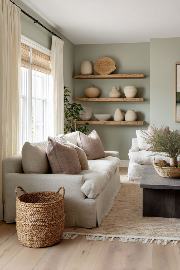 Sage green living room with linen sofas, wooden shelves, pottery accents, and woven basket decor in a calm neutral color palette.
