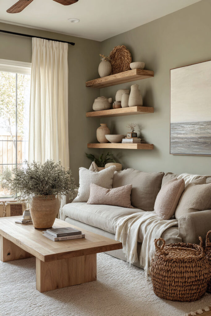 Sage green living room with light wood shelves, neutral decor, and a linen sofa styled with earthy textures and pottery.