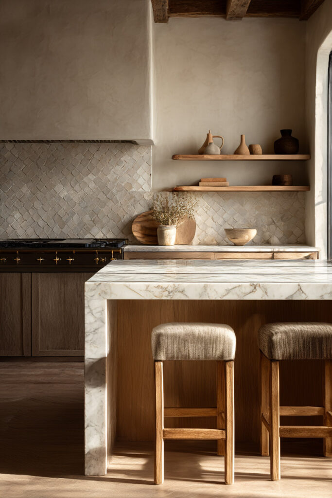 Warm neutral kitchen with marble waterfall island, zellige tile backsplash, plaster walls, wood shelves, and upholstered stools.