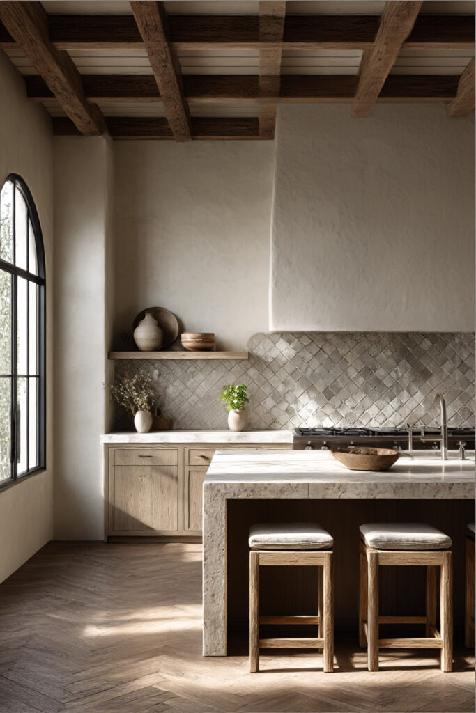 Warm neutral kitchen with plaster walls, rustic ceiling beams, zellige tile backsplash, stone island, oak cabinets, arched window, and natural light.