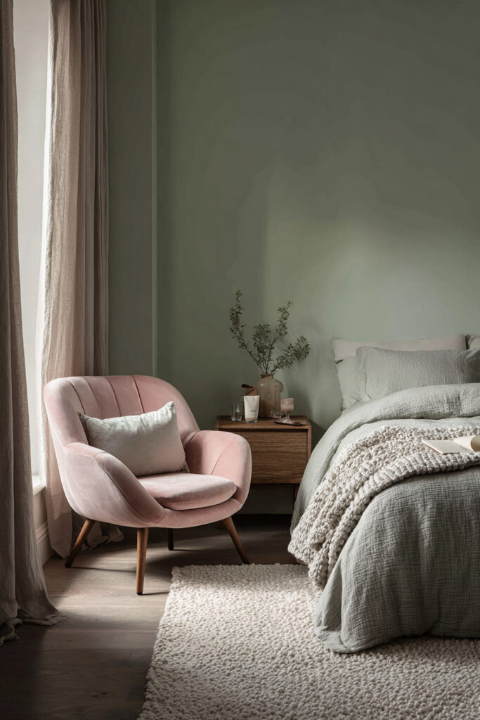 Sage green bedroom with blush pink accent chair, textured bedding, and cozy neutral decor.