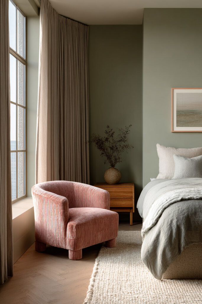 Sage green bedroom with rose velvet chair, wooden nightstand, linen bedding, and warm neutral decor in a calm, modern palette.