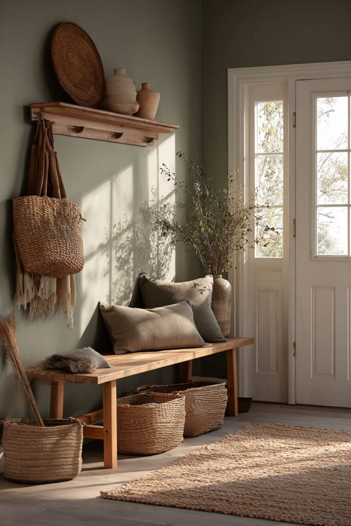Sage green entryway with a natural wood bench, woven baskets, and pottery decor styled in warm sunlight.
