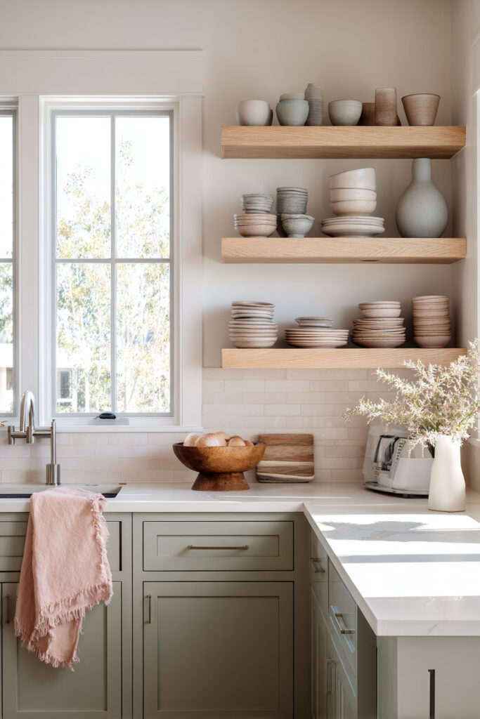 Sage green kitchen with open wood shelves, ceramic dishes, marble countertop, and soft natural light.