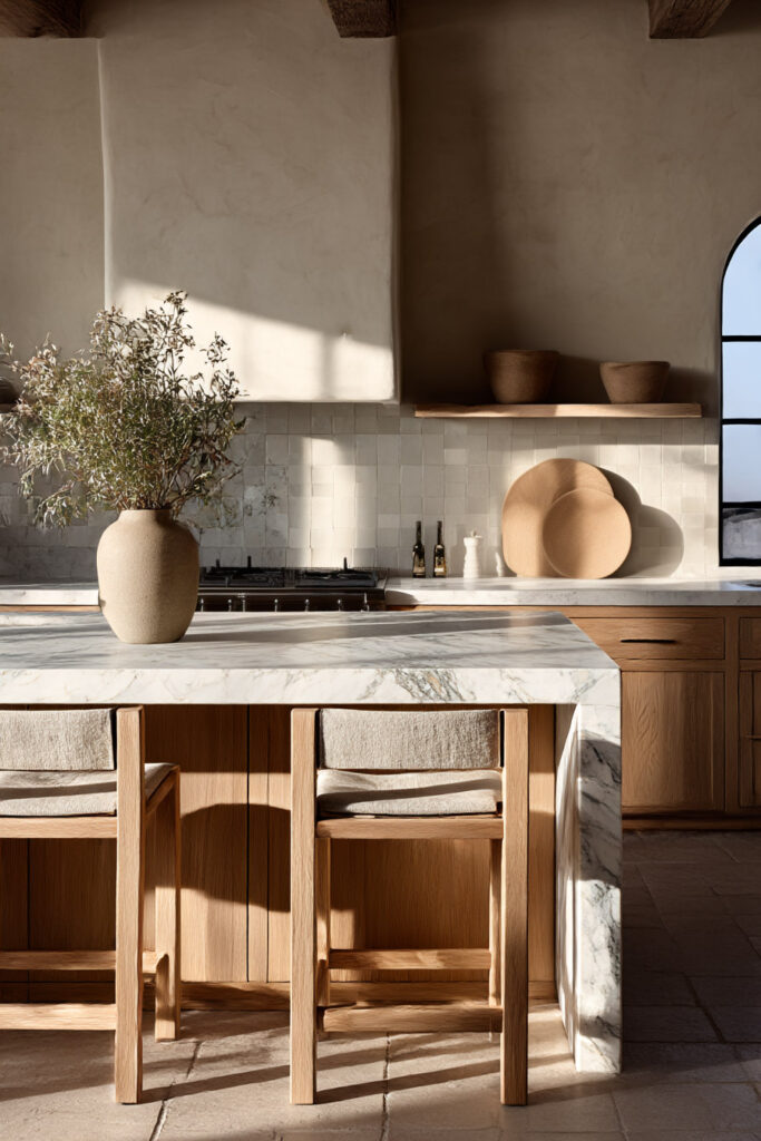 Warm neutral kitchen with plaster walls, zellige tile backsplash, marble waterfall island, oak cabinets, upholstered stools, and natural light.