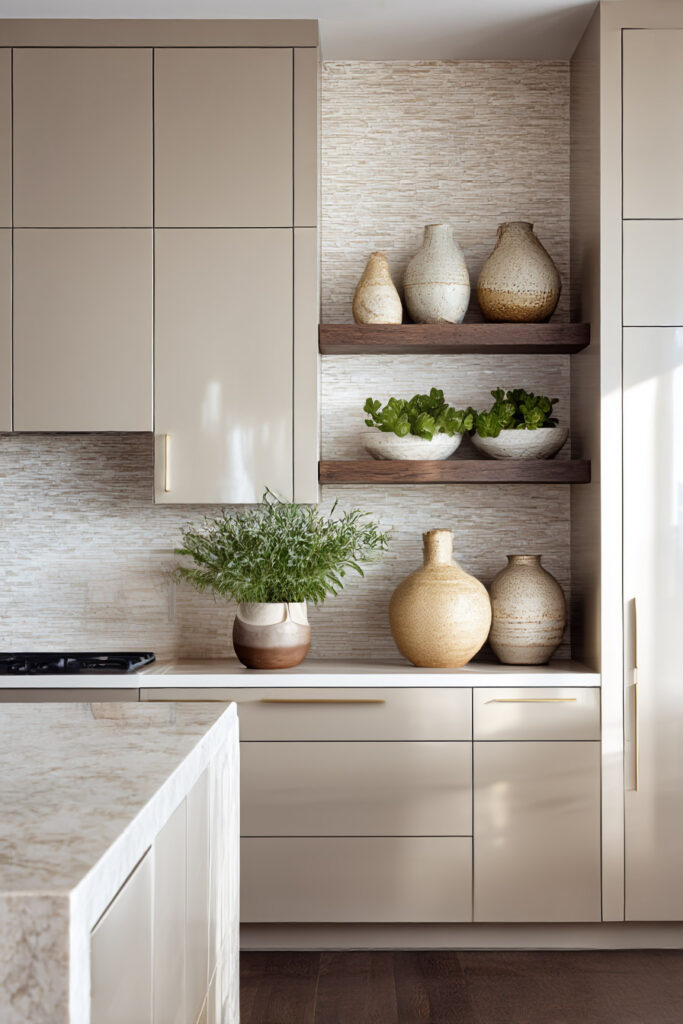 Warm neutral kitchen with glossy beige cabinets, stacked-stone backsplash, wooden shelves, ceramic vases, and greenery.