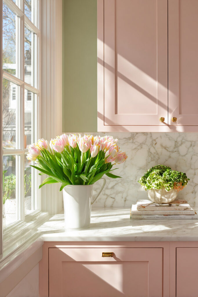 Blush pink and sage green kitchen with marble countertop and fresh tulips in natural sunlight.