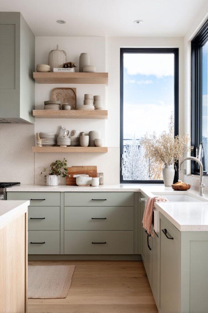 Sage green kitchen with open wood shelves, black hardware, light countertops, and natural light from large windows.