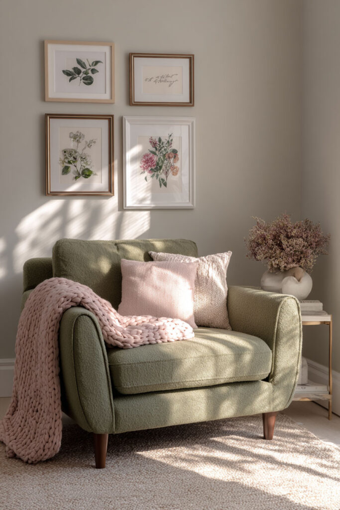 Sage green armchair with blush pink pillows and throw in cozy reading nook with botanical wall art and natural sunlight.