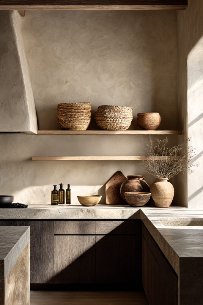 Warm neutral kitchen with plaster walls, woven baskets, rustic pottery, stone countertops, and textured wood cabinetry.